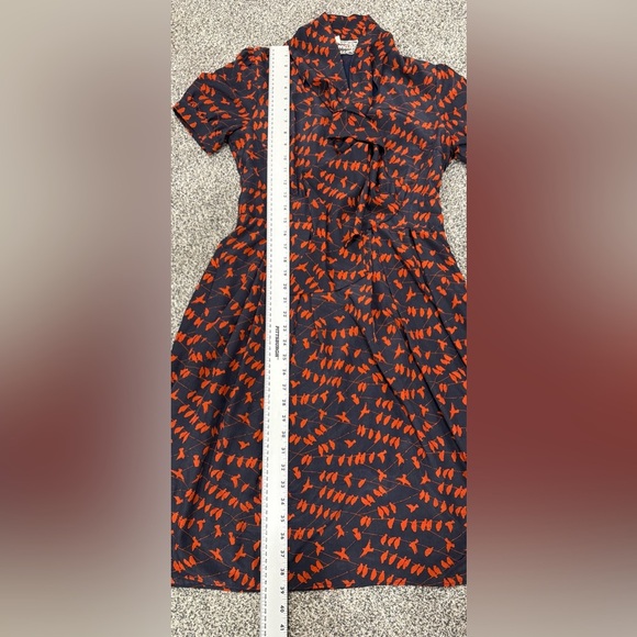 Pink Martini Navy Dress with Red/Orange Bird Design 50’s Vibes Tie Neck Vintage - Picture 12 of 14
